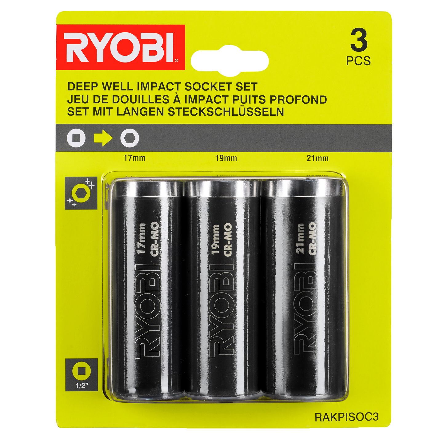 Hylsysarja Ryobi RAKPISOC3 3kpl 17-19-21mm 1/2" karakoko