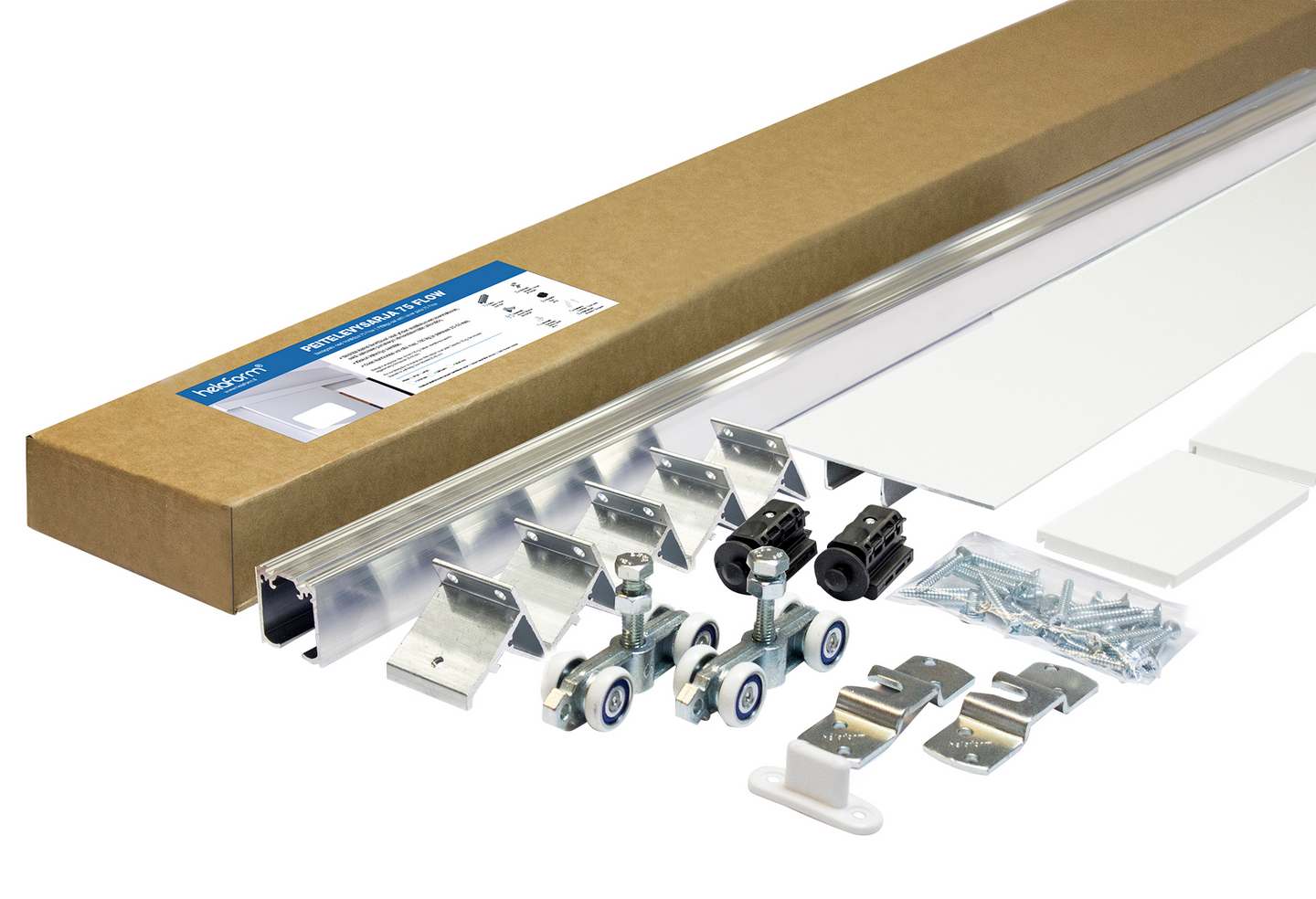 Liukuovikiskosetti Helaform valkoisella peitelevyllä ja Flow-kiskolla 2100mm