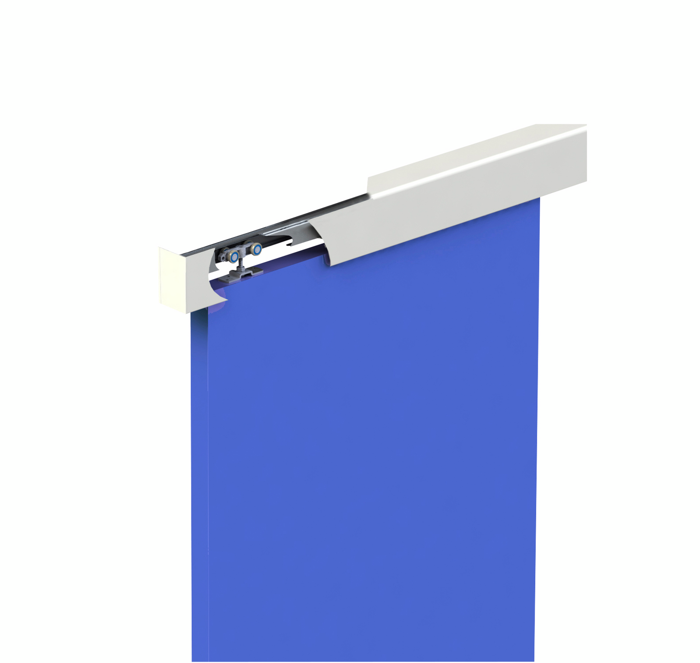 Liukuovikiskosetti Helaform valkoisella peitelevyllä ja Flow-kiskolla 2100mm