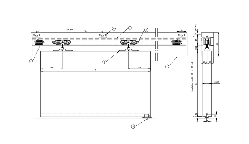 Liukuovikiskosetti Helaform valkoisella peitelevyllä ja Flow-kiskolla 2100mm
