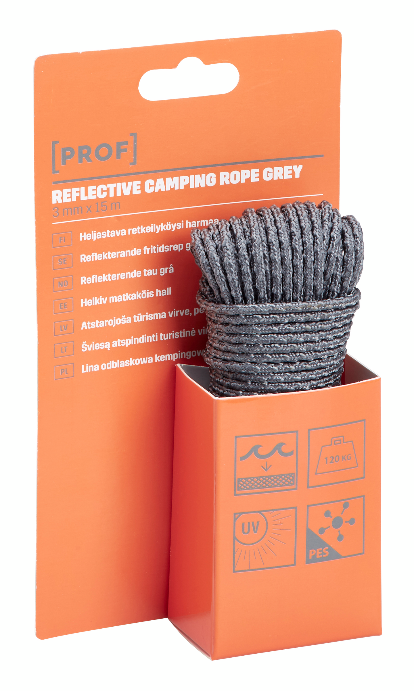 Retkeilyköysi PROF polyesteri heijastava 3mmx15m harmaa