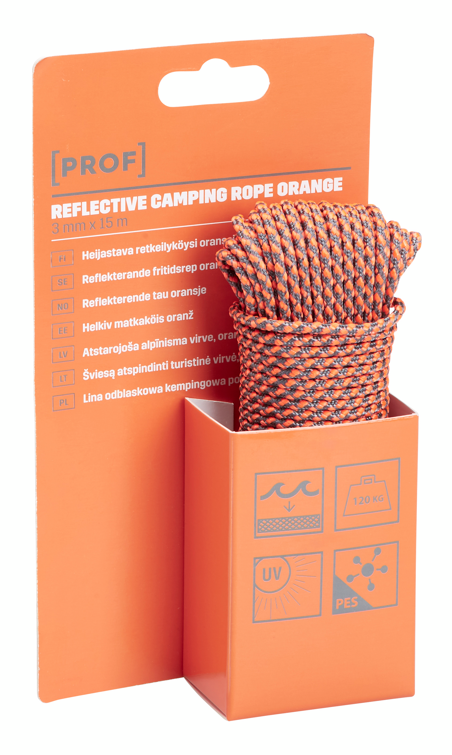 Retkeilyköysi PROF polyesteri heijastava 3mmx15m oranssi