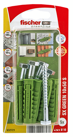 Nailontulppa Fischer SX Green 10x50 S K ja ruuvit 5kpl