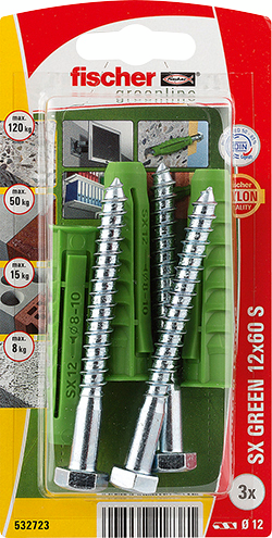 Nailontulppa Fischer SX Green 12x60 S K ja ruuvit 3kpl