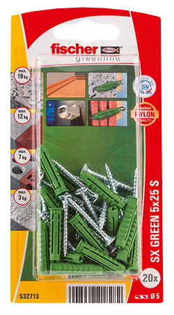 Nailontulppa Fischer SX Green 5x25 S K ja ruuvi 20kpl