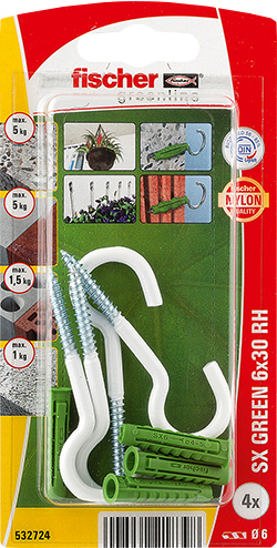 Nailontulppa Fischer SX Green 6x30 RHNK ja koukut 4kpl