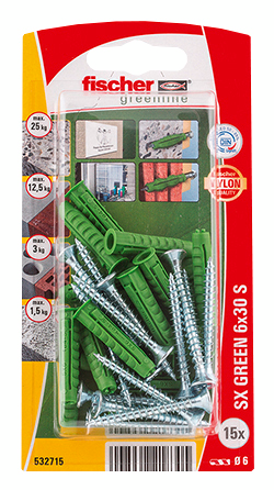 Nailontulppa Fischer SX Green 6x30 S K ja ruuvit 15kpl
