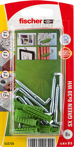 Nailontulppa Fischer SX Green 6x30 WHK ja L koukut 8kpl