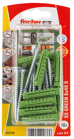 Nailontulppa Fischer SX Green 8x40 S K ja ruuvit 10kpl
