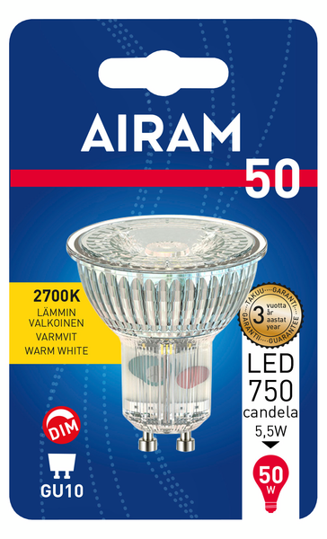 Led-kohdelamppu Airam 345lm 2700K GU10 himmennettävä