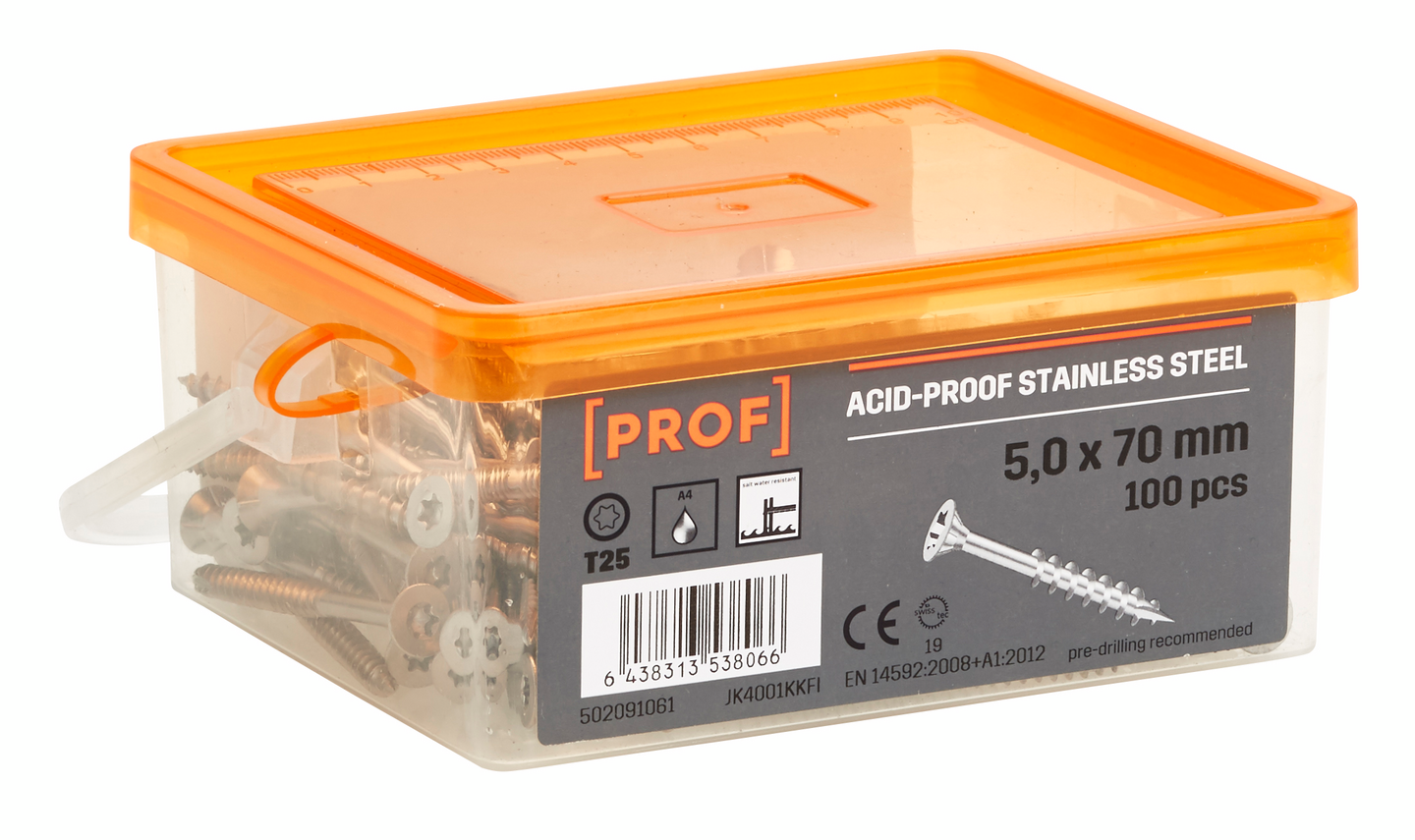Laituriruuvi PROF 5x70 T25 haponkestävä A4 100kpl