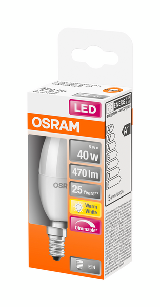 Led-kynttilälamppu OSRAM Superstar 470lm 827 himmeä Dim E14