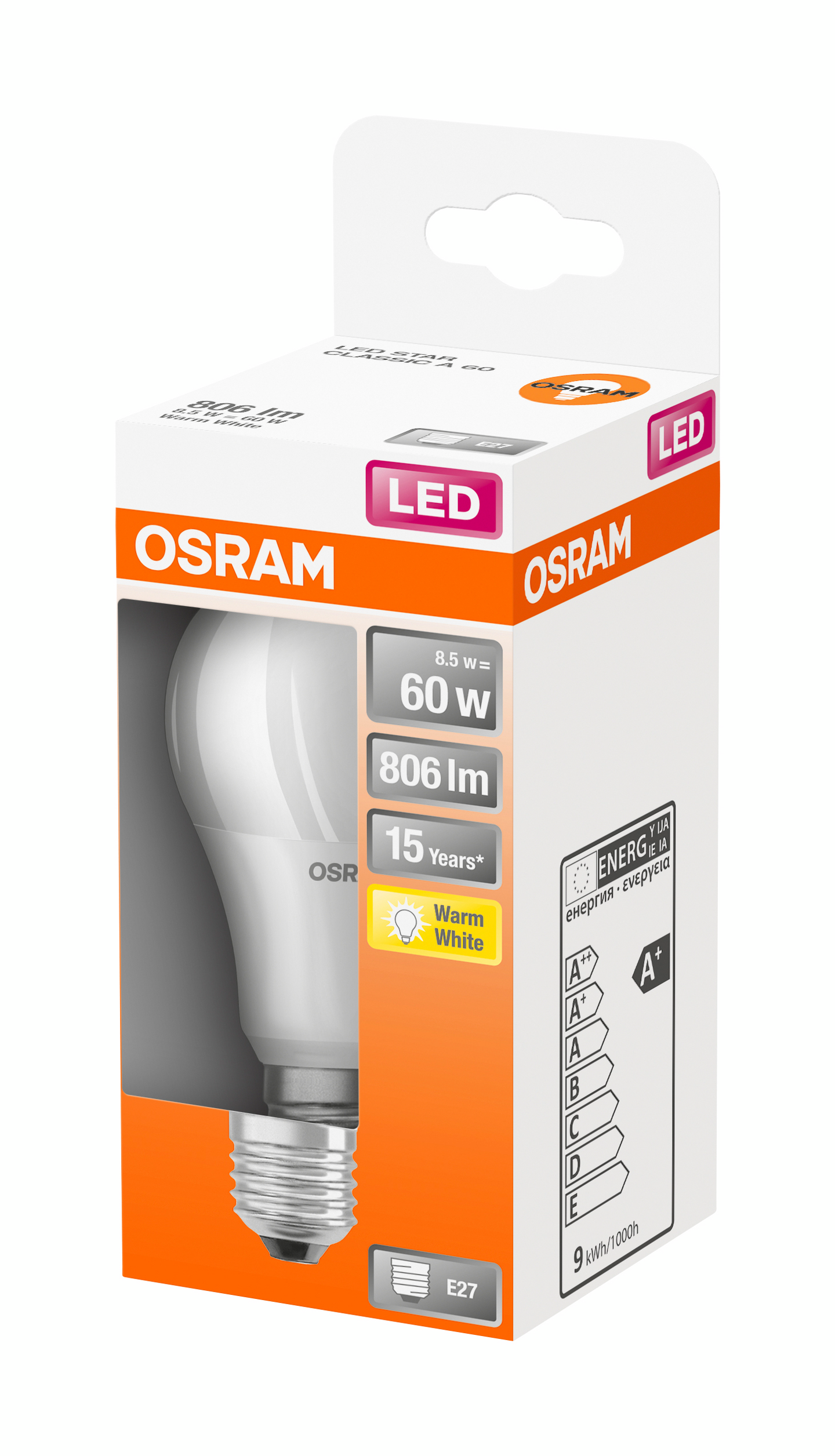 Led-vakiolamppu OSRAM Star 806lm 827 E27 himmeä