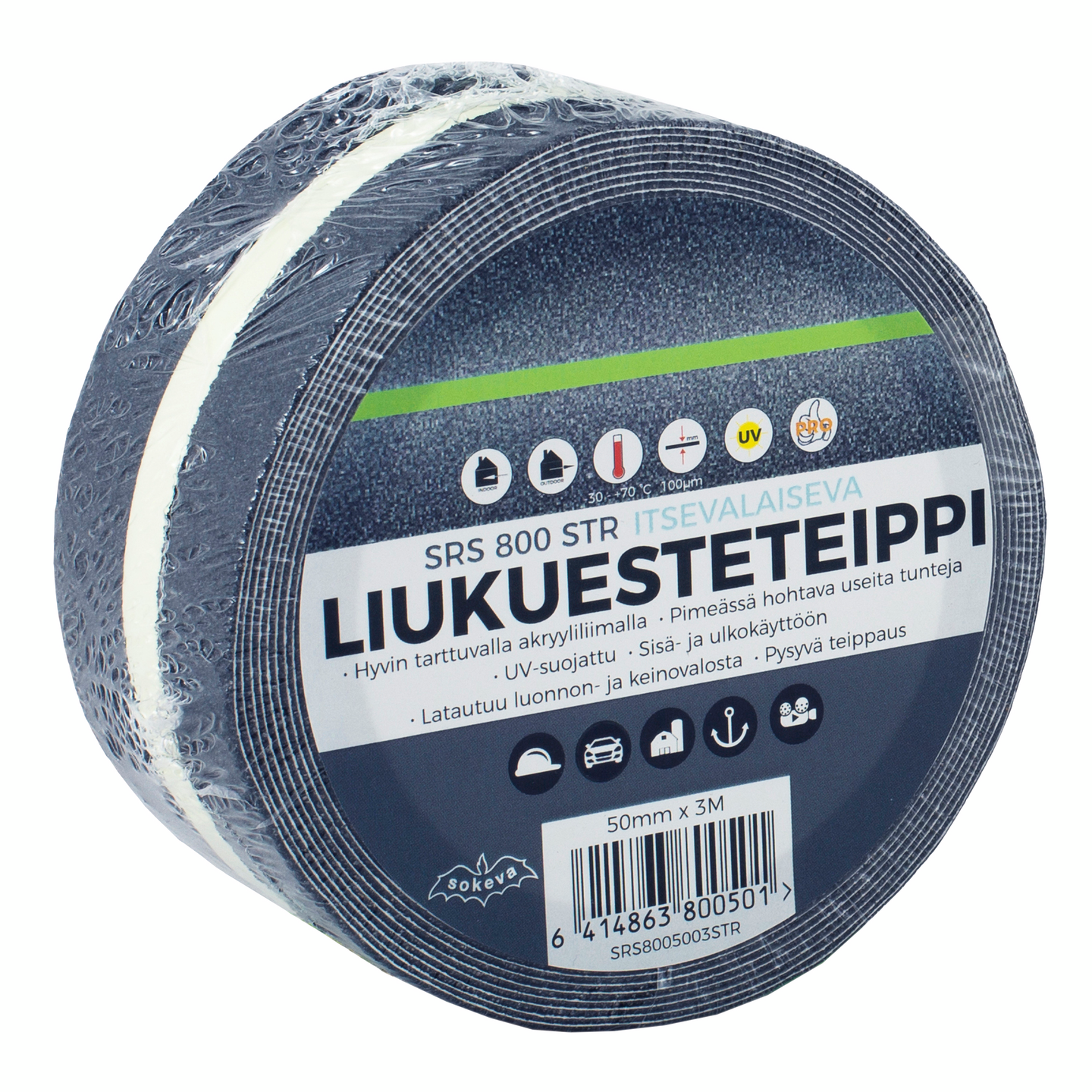 Liukuesteteippi itsevalaiseva 50mmx3m pimeähohtomusta