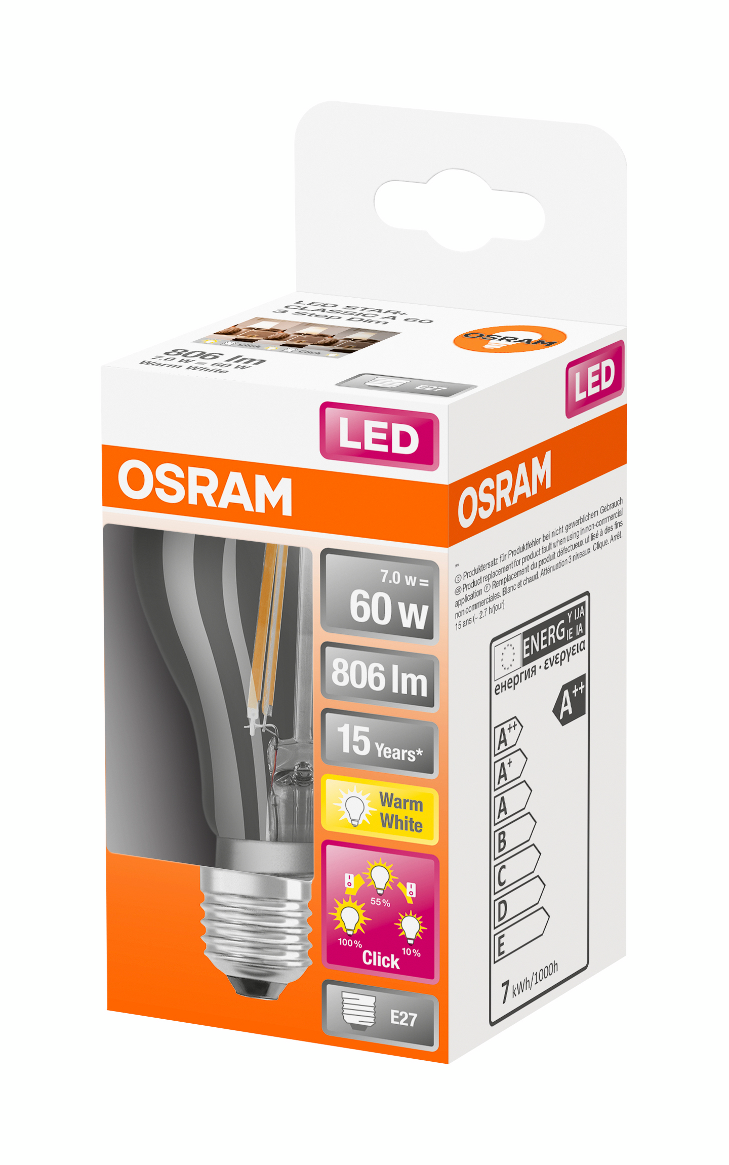 Led-vakiolamppu OSRAM Star+Dim 806lm 827 E27 3-Step