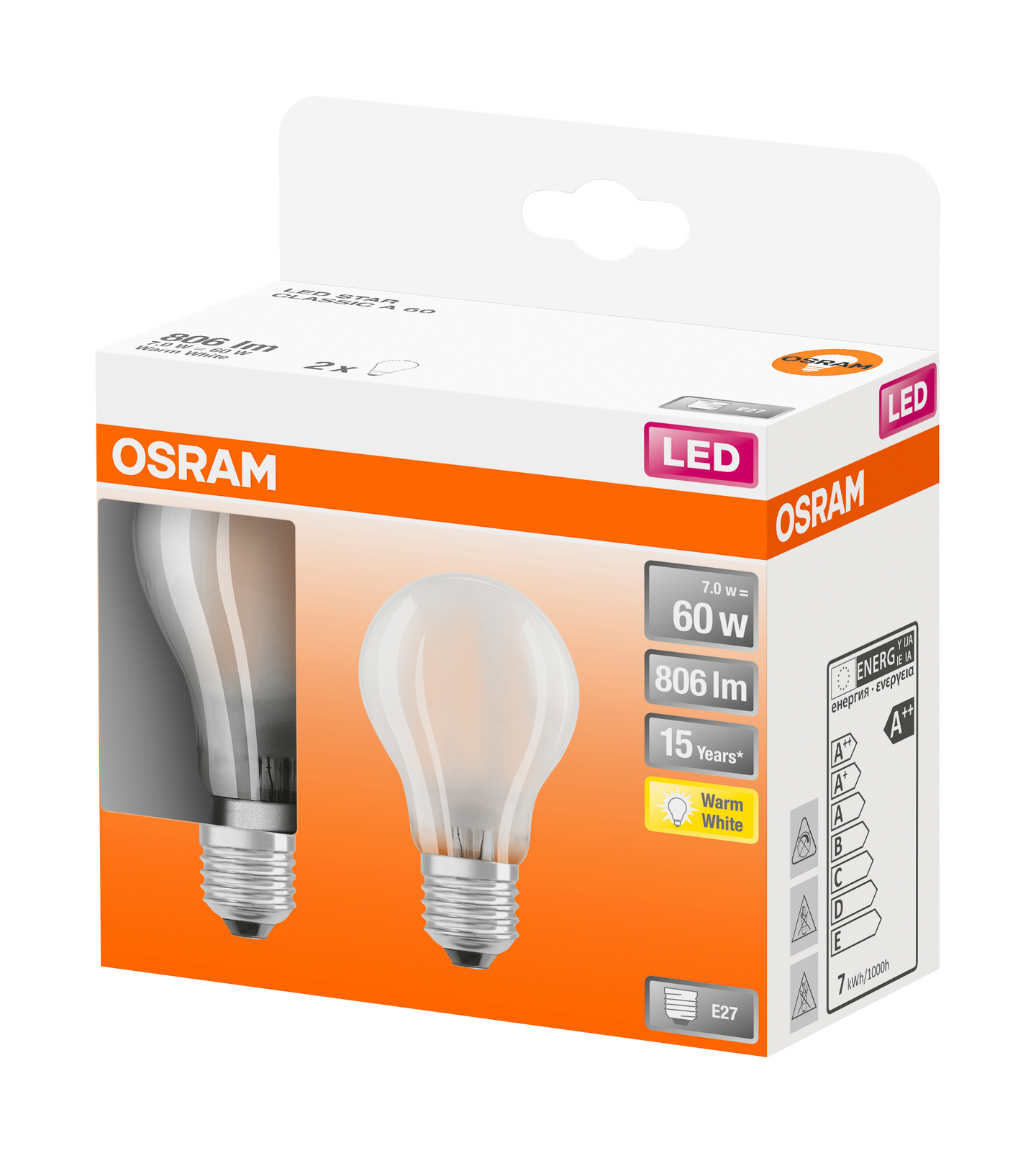 Led-vakiolamppu OSRAM Star 806lm 827 E27 himmeä 2kpl