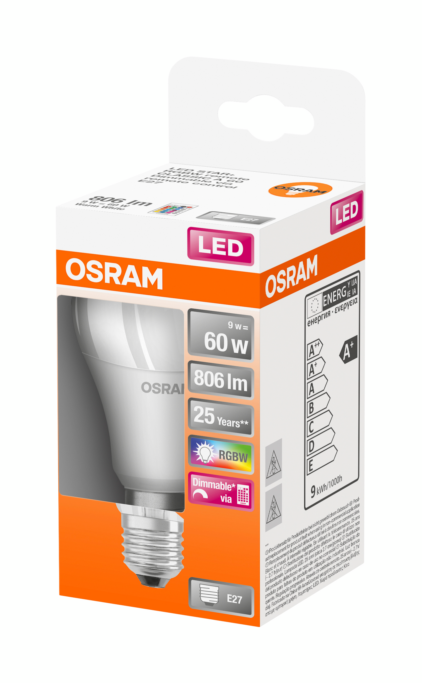 Led-vakiolamppu OSRAM Star+ 806lm 827 E27 himmeä RBGW Remote