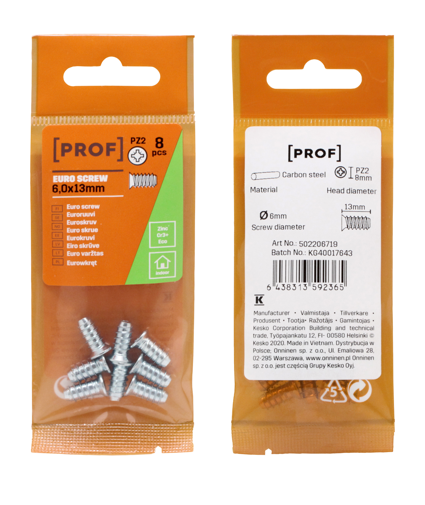Euroruuvi PROF uppokanta PZ2 sähkösinkitty 6x13 8kpl