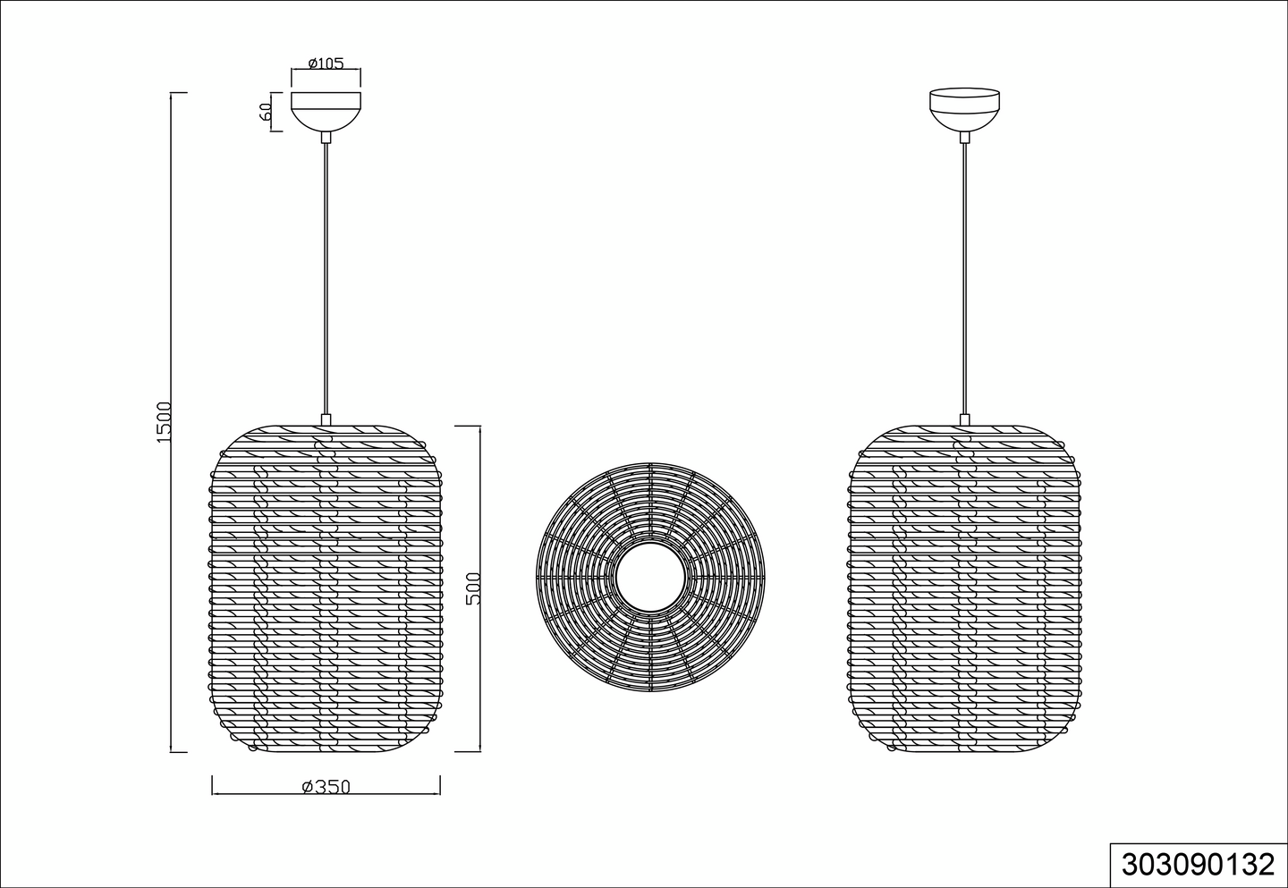 Riippuvalaisin TRIO Runa E27 35cm rottinki