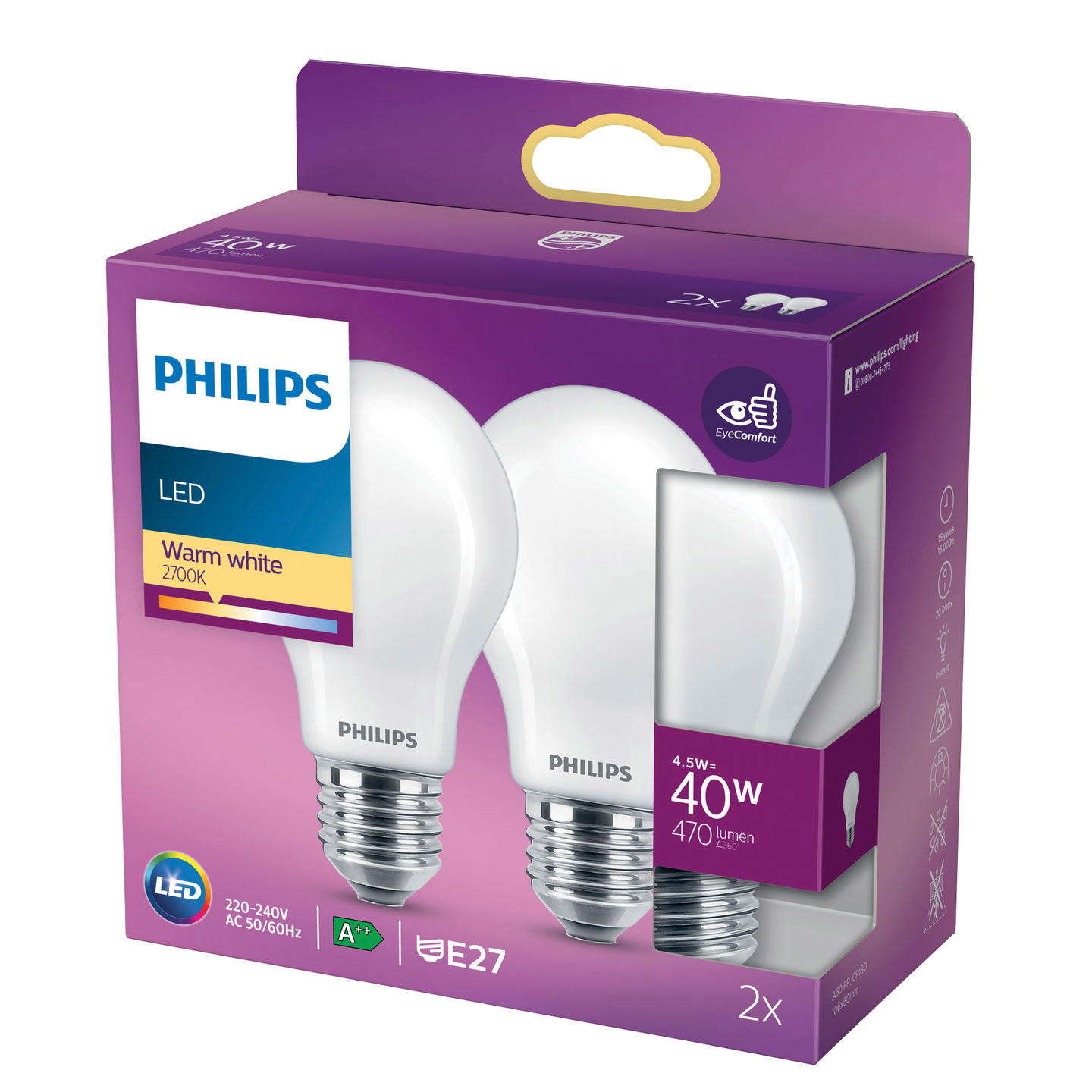 Led-lamppu Philips a60 E27 ww matta 470lm 2kpl