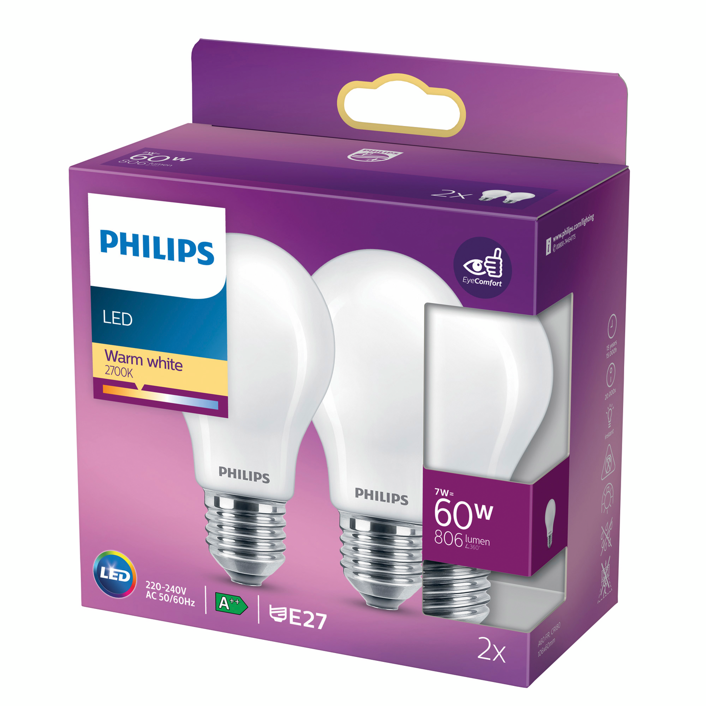 Led-lamppu Philips a60 E27 ww 806lm 2kpl