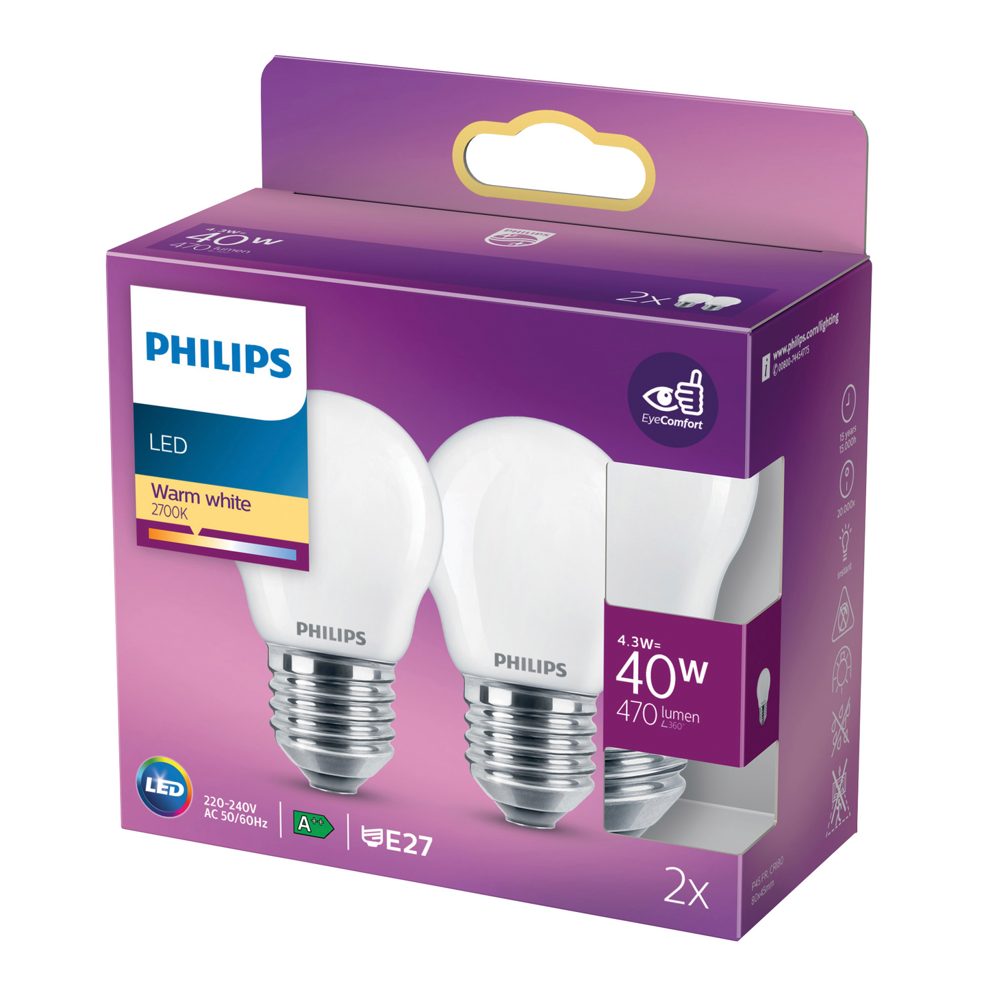 Led-mainoslamppu Philips 4,3W 470lm P45 E27 2700K 2kpl