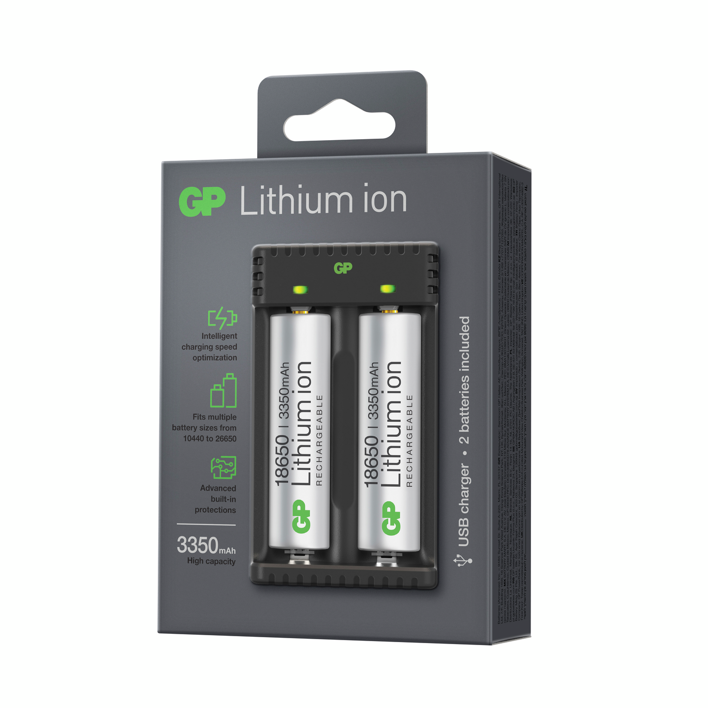 Akkulaturi GP 2-Slot Li-ion ja akut 2 x 18650 3350mAh