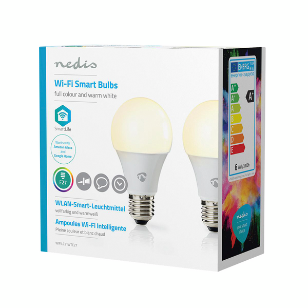 Led-lamppu Nedis Smartlife WiFi 2700K+RBG 470lm A60 2kpl E27