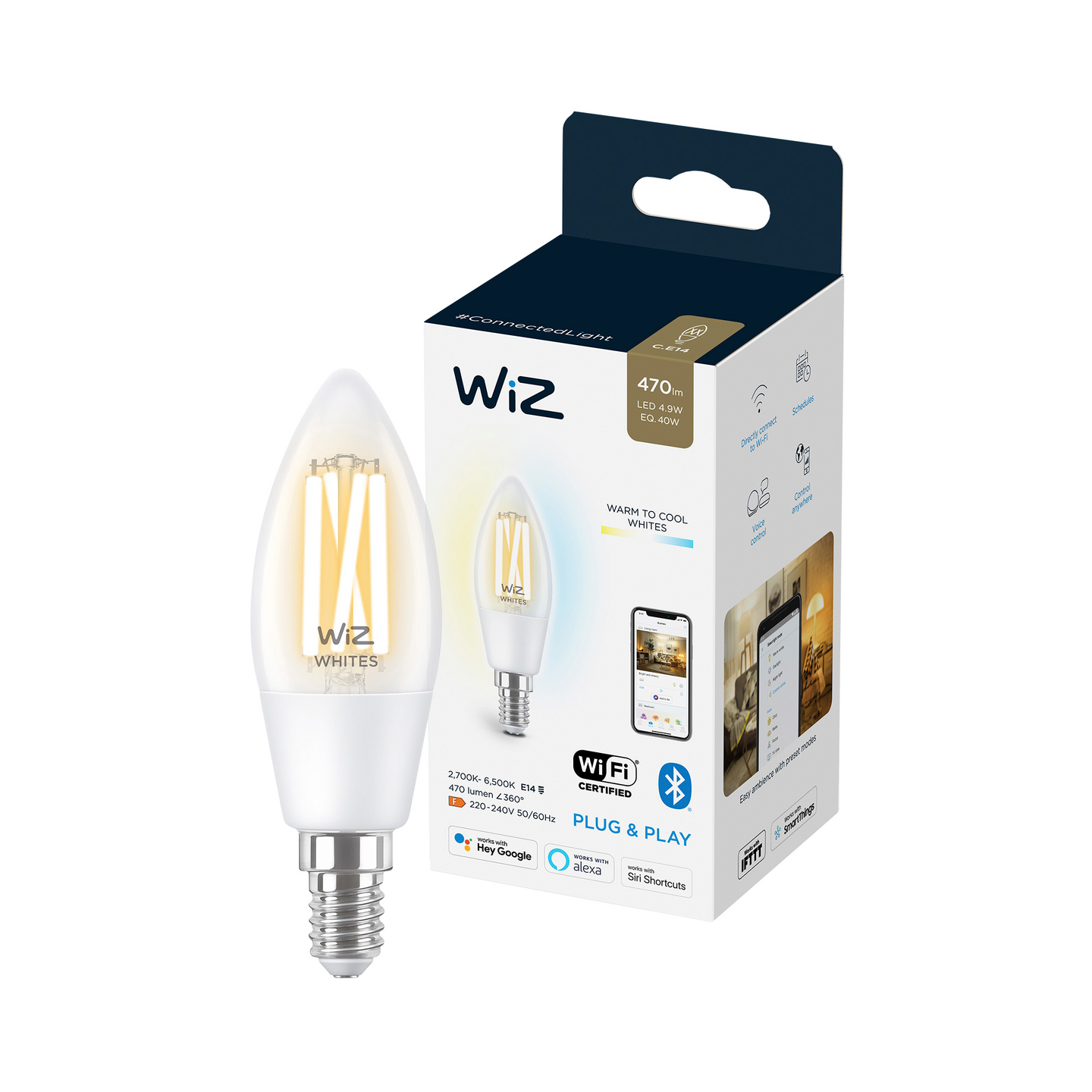 Led-lamppu WiZ WI-FI 4.9W E14 C35 927-65 Filament TW kirkas