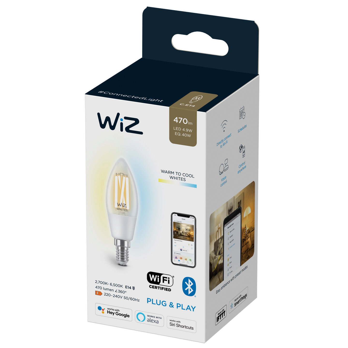 Led-lamppu WiZ WI-FI 4.9W E14 C35 927-65 Filament TW kirkas