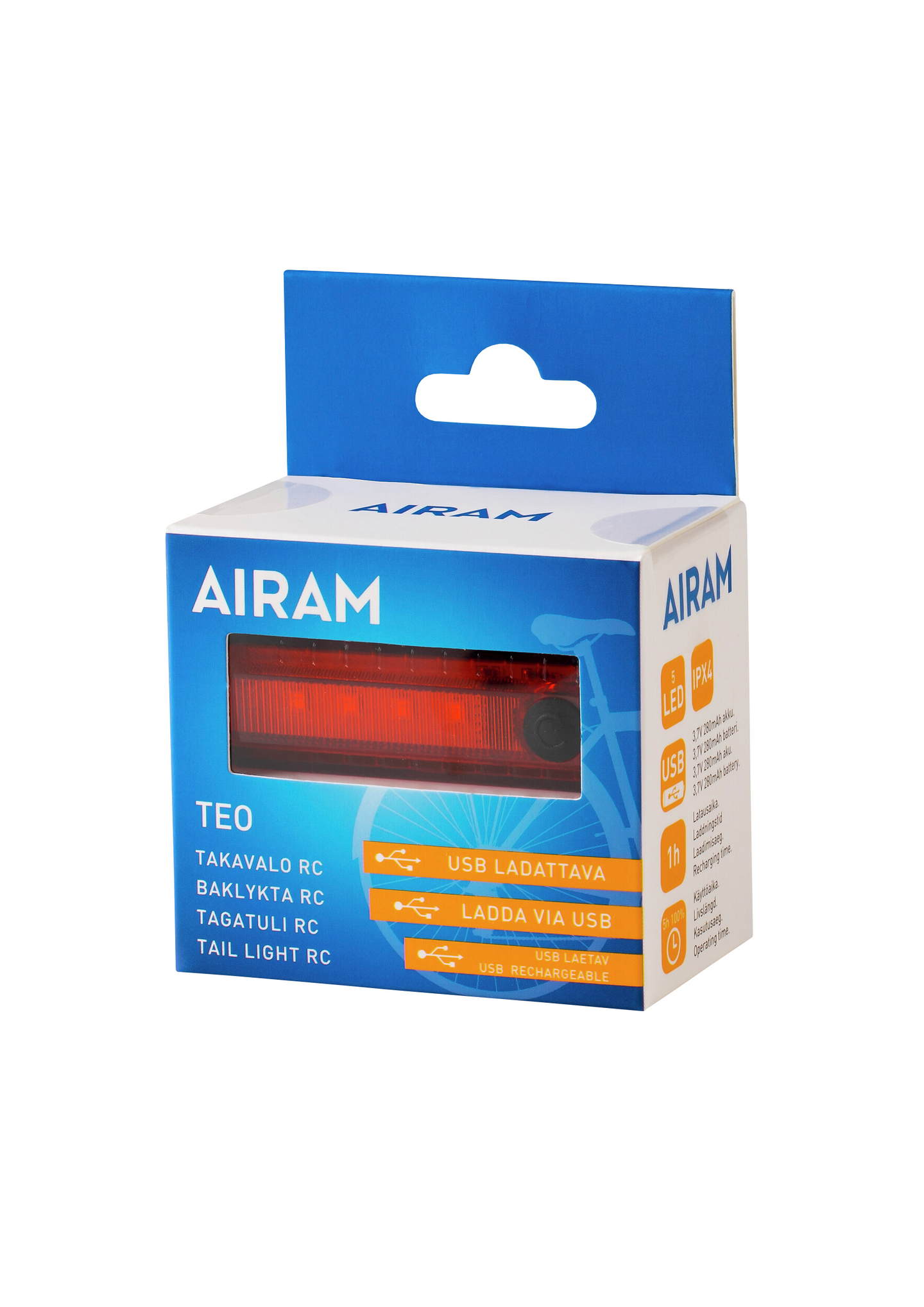 Polkupyörän takavalo Airam Teo USB-ladattava 5 lediä