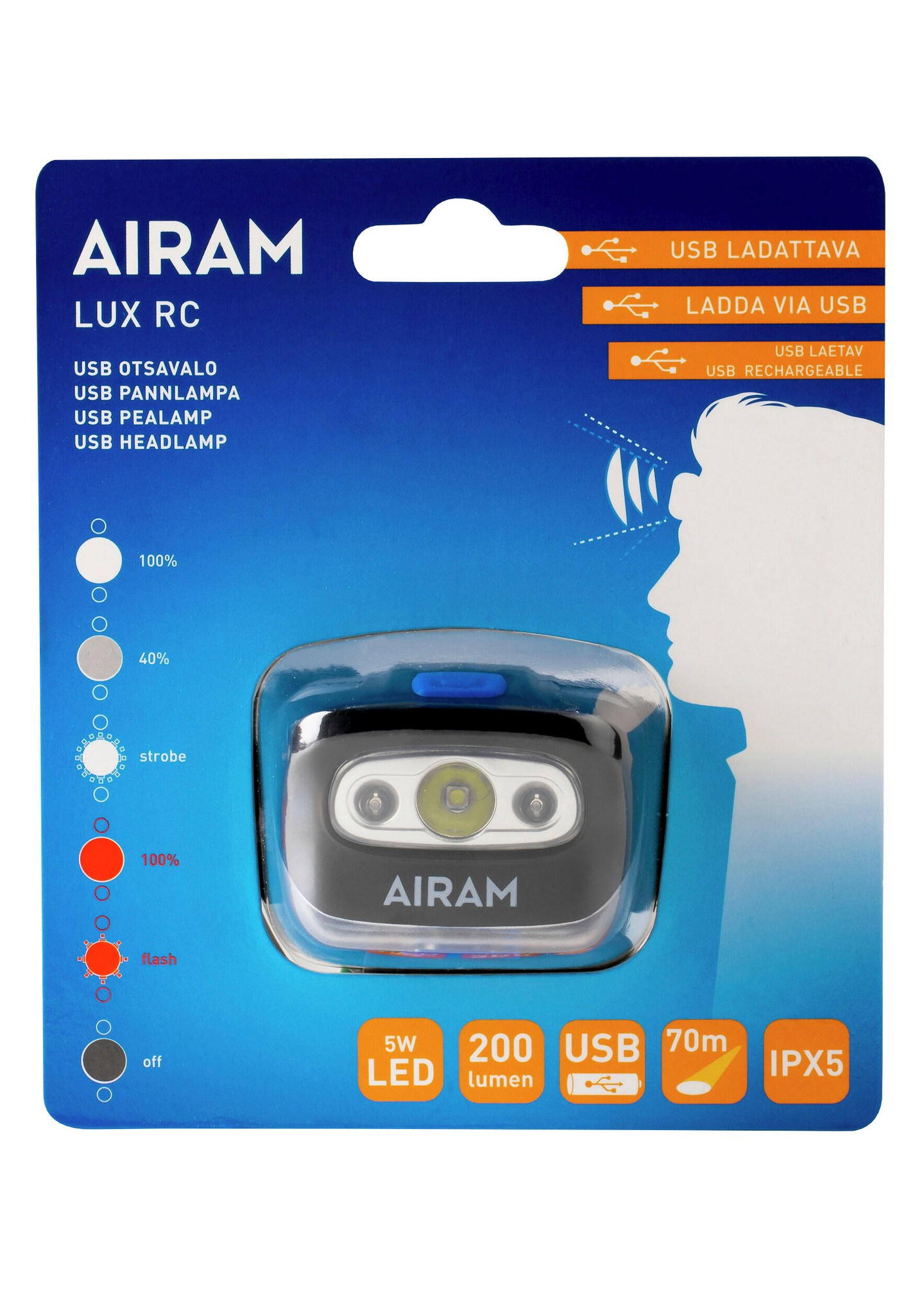 Otsalamppu Airam Lux 5W USB-ladattava 200lm