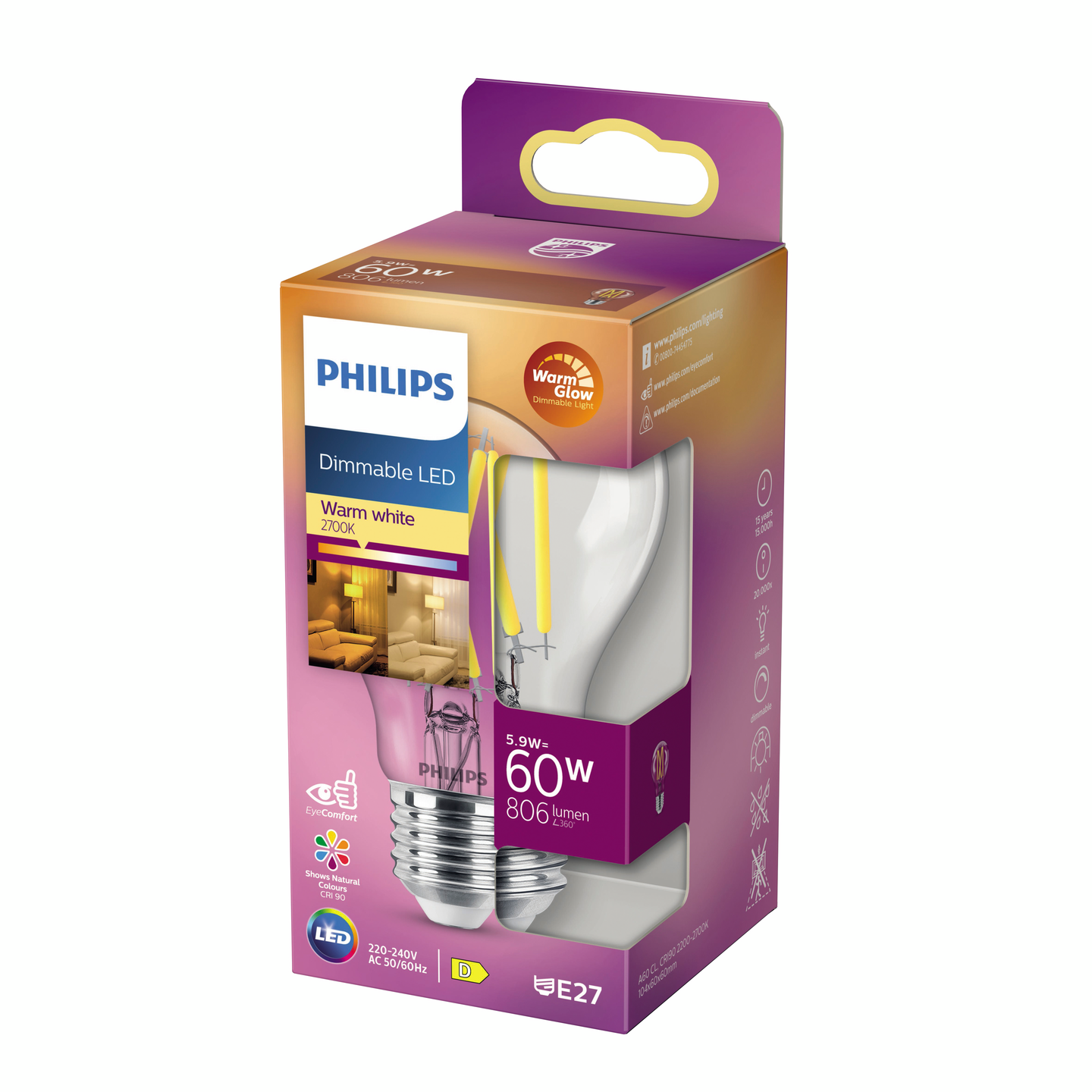 LEDLAMPA PHILIPS NORMAL E27 VV KLAR 60W