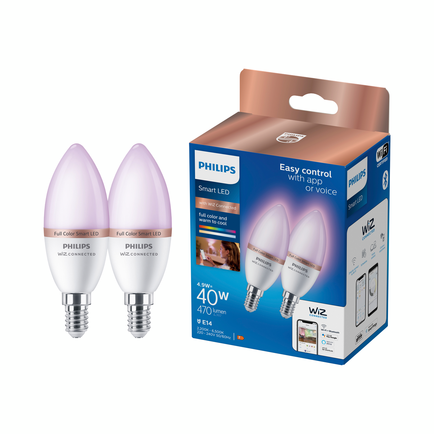Lamppu Philips Smart LED 4.9W E14 C37 922-65 RGB color 2kpl