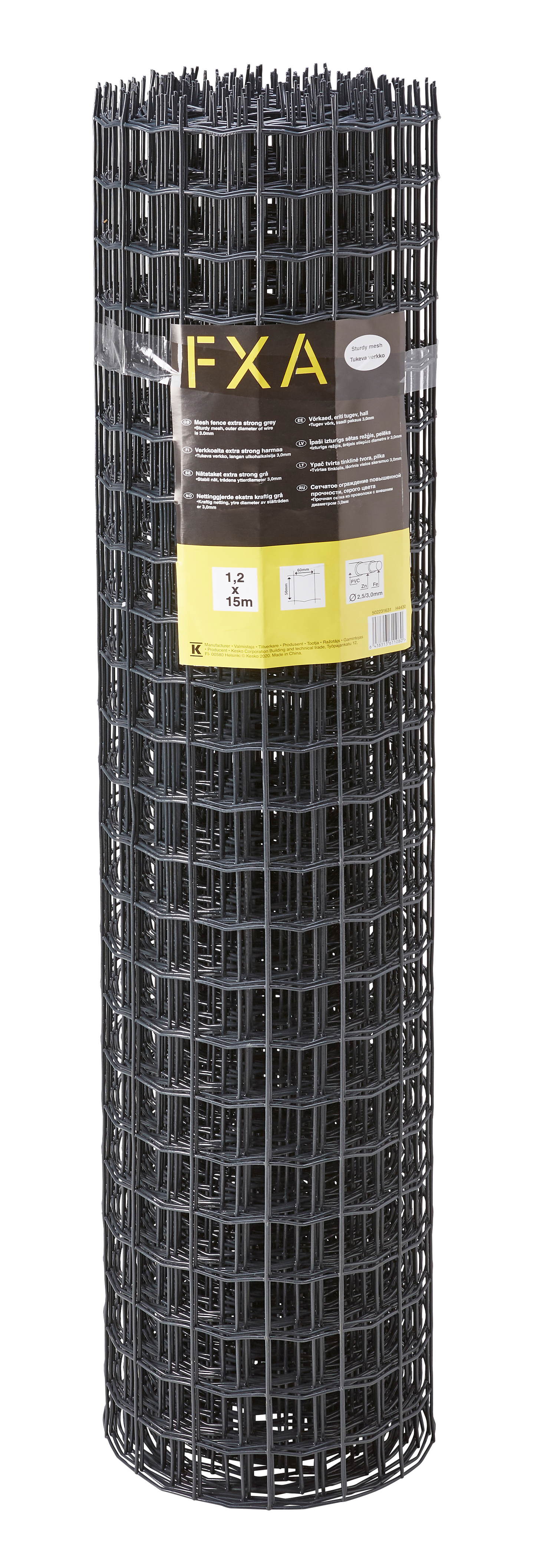 Verkkoaita FXA vahva 120cmx15m harmaa, tukeva aitaverkko 3mm lankavahvuudella