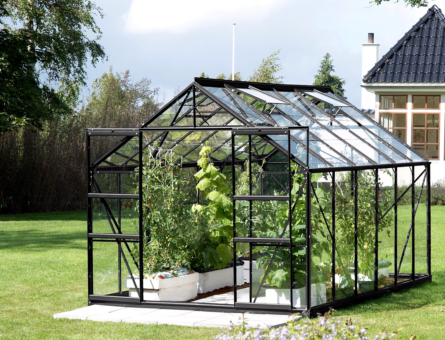 Kasvihuone Vitavia Uranus 9900 karkaistu lasi, musta aluunirunko, sokkelilla