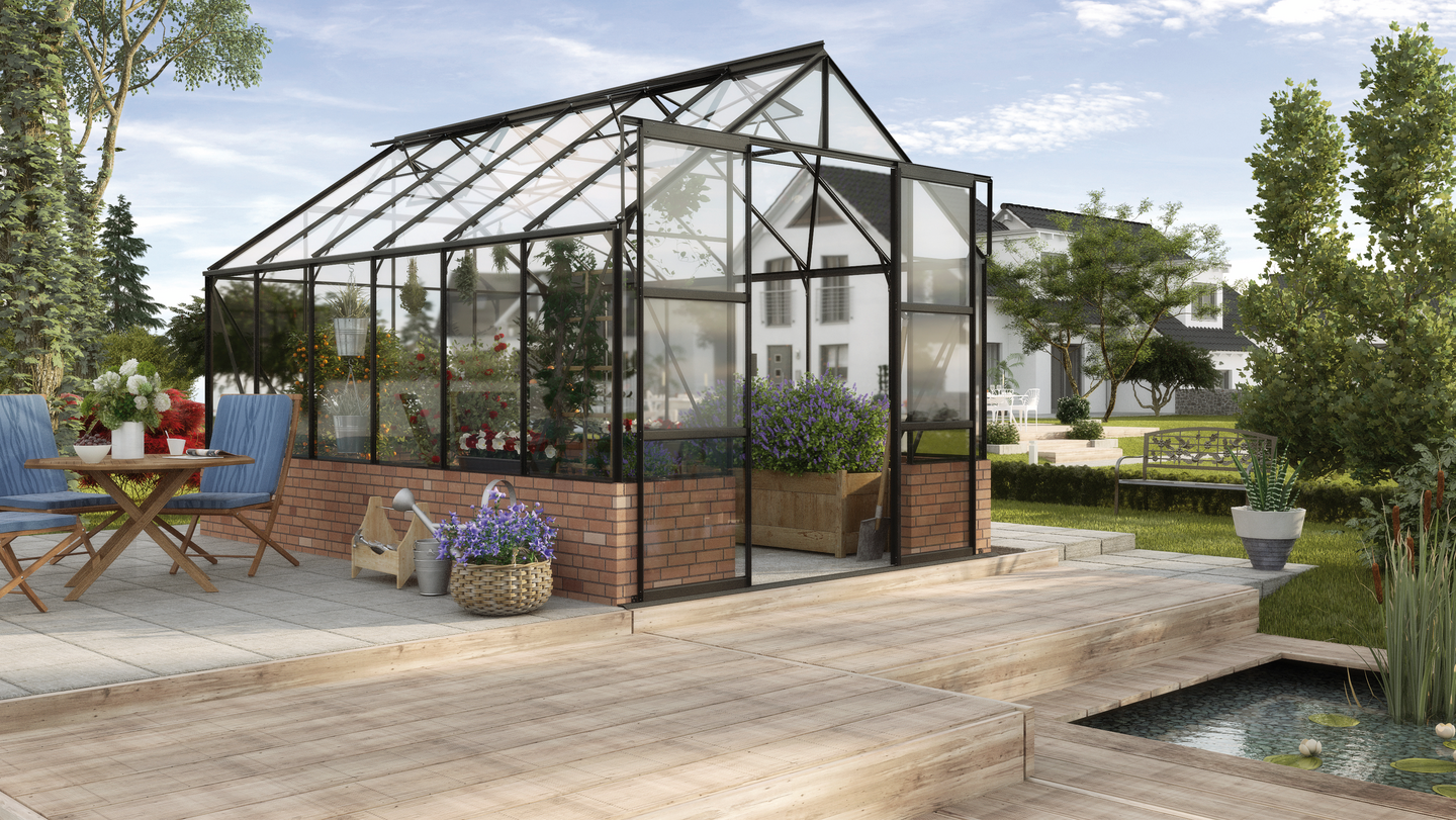 Kasvihuone Vitavia Cassandra 9900 karkaistu lasi mustalla alumiinirungolla