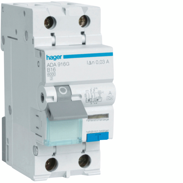 Vikavirtajohdonsuojakatkaisija Hager ADA916G 30mA 2x16A B-käyrä A-tyyppi