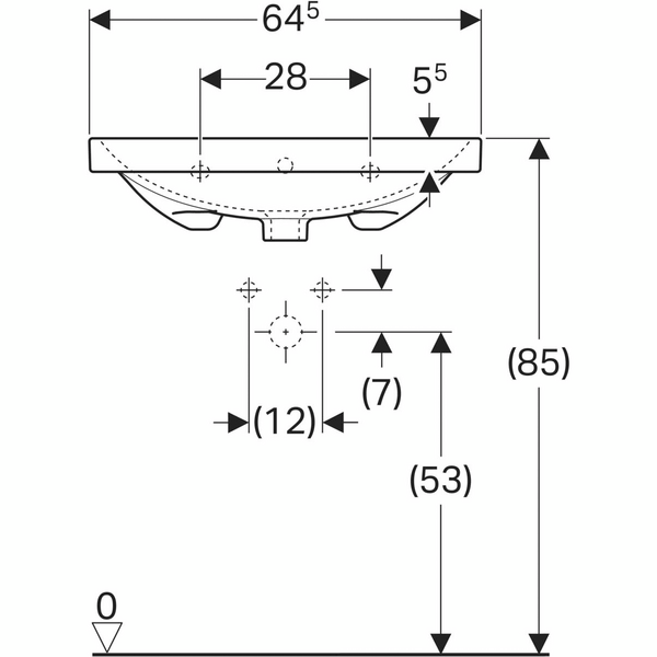 Pesuallas Geberit Acanto L65 S48,2cm hanareikä ylivuotoaukko Keratect