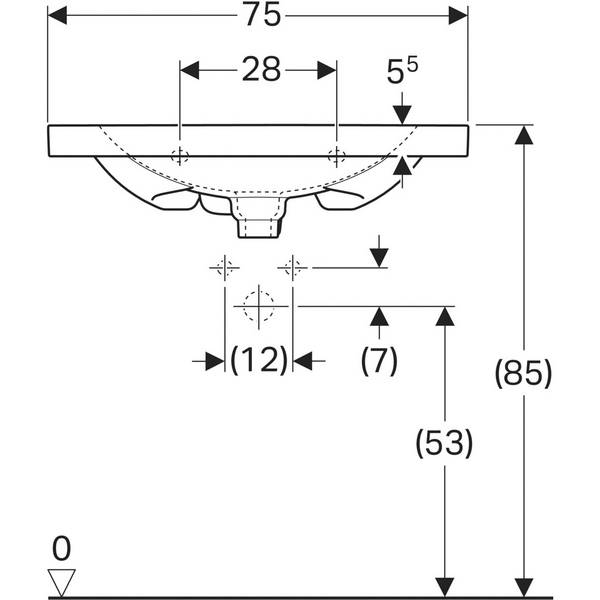Pesuallas Geberit Acanto L75 S48,2cm hanareikä piilotettu ylivuoto Keratect
