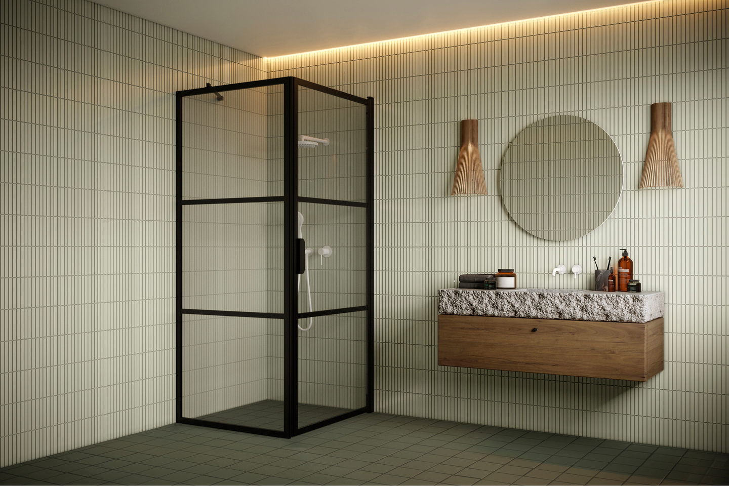 Suihkunurkka Bläk 760 Tokyo kiinteä ja kääntyvä seinä 919x717x1950mm musta