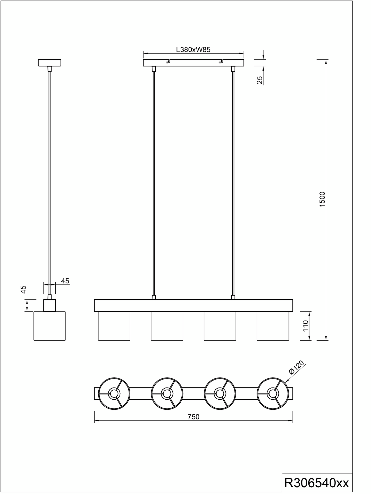 Riippuvalaisin TRIO Cameron E14 4-osainen musta/puu