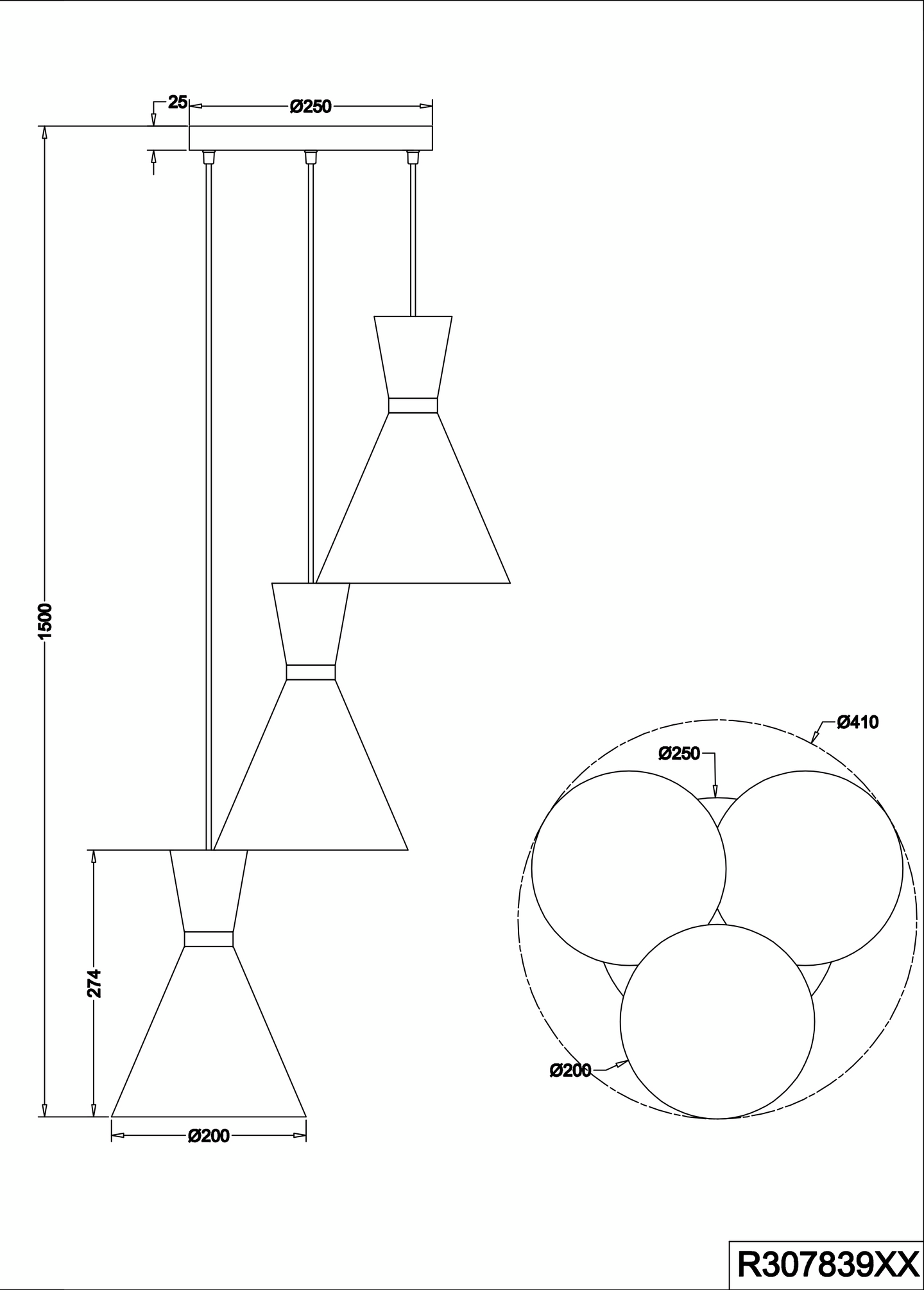 Riippuvalaisin TRIO Enzo E27 3-osainen mattamusta