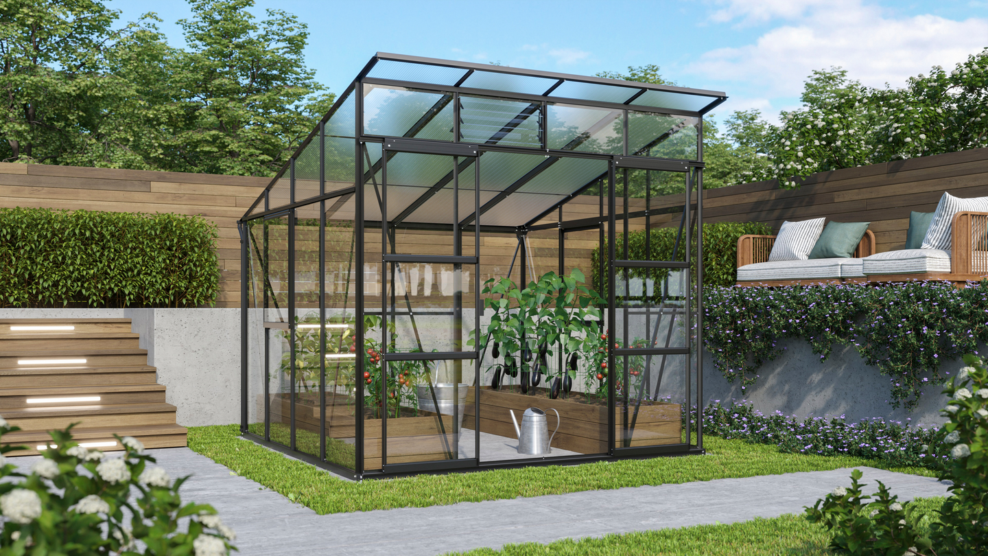 Kasvihuone Vitavia Freya 7600 karkaistu lasi/kennolevy, musta alumiinirunko