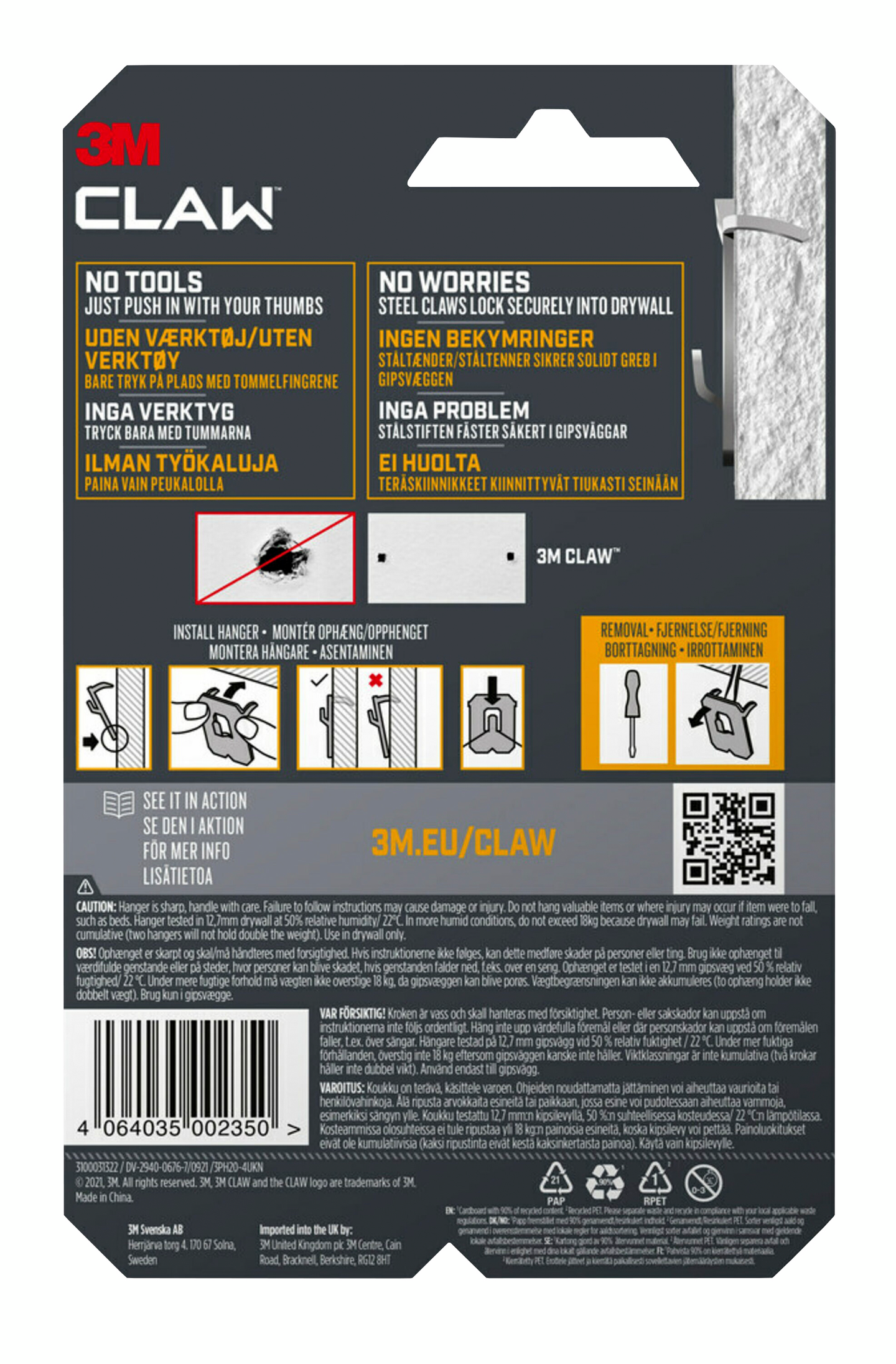 Kipsilevykoukku 3M CLAW 3PH20 kantavuus 20kg 4kpl