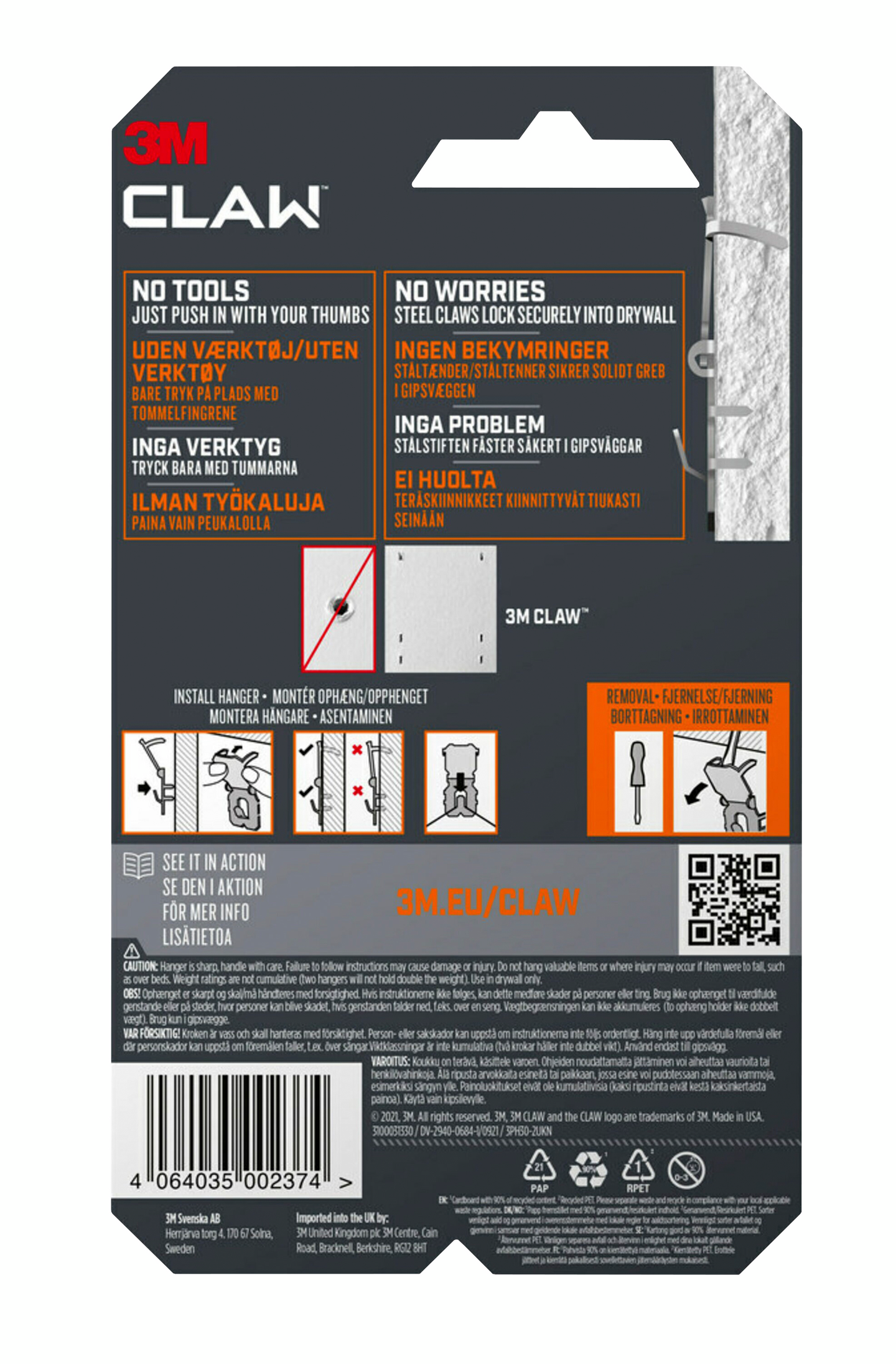 Kipsilevykoukku 3M CLAW 3PH30 kantavuus 30kg 2kpl