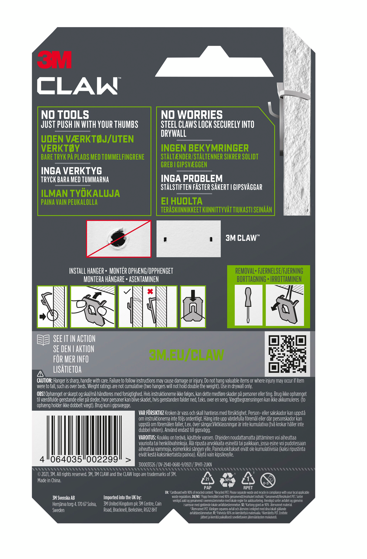 Kipsilevykoukku 3M CLAW 3PH11 kantavuus 11kg 4kpl