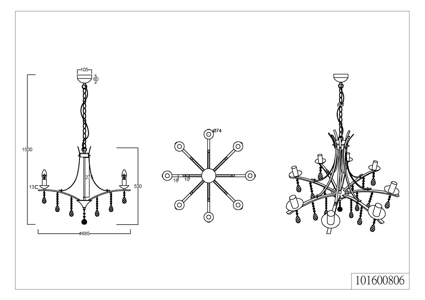 Kattokruunu TRIO Lucerna E14 8-osainen kromi