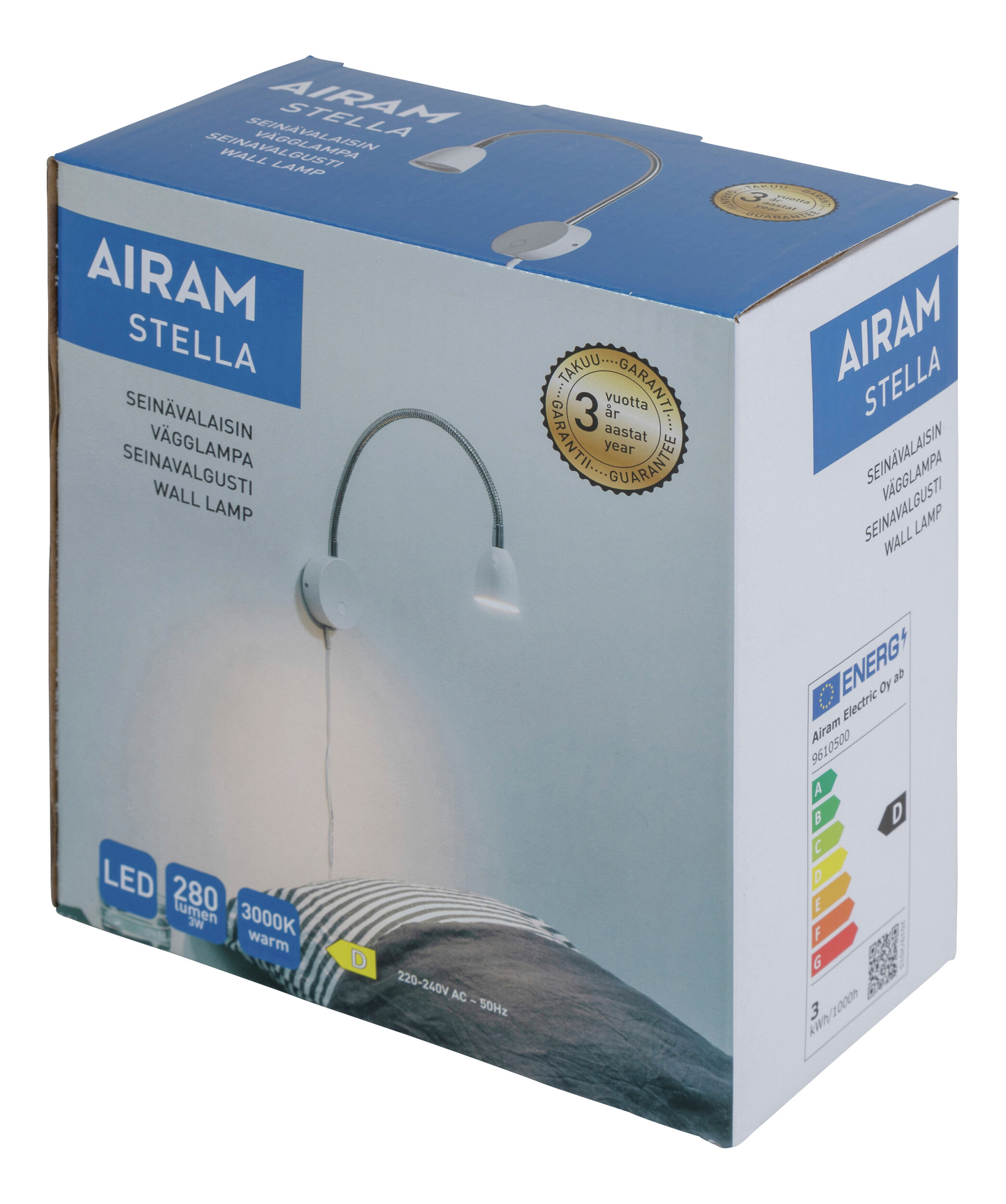 Seinävalaisin Airam Stella 280lm 3W/830 IP20 valkoinen