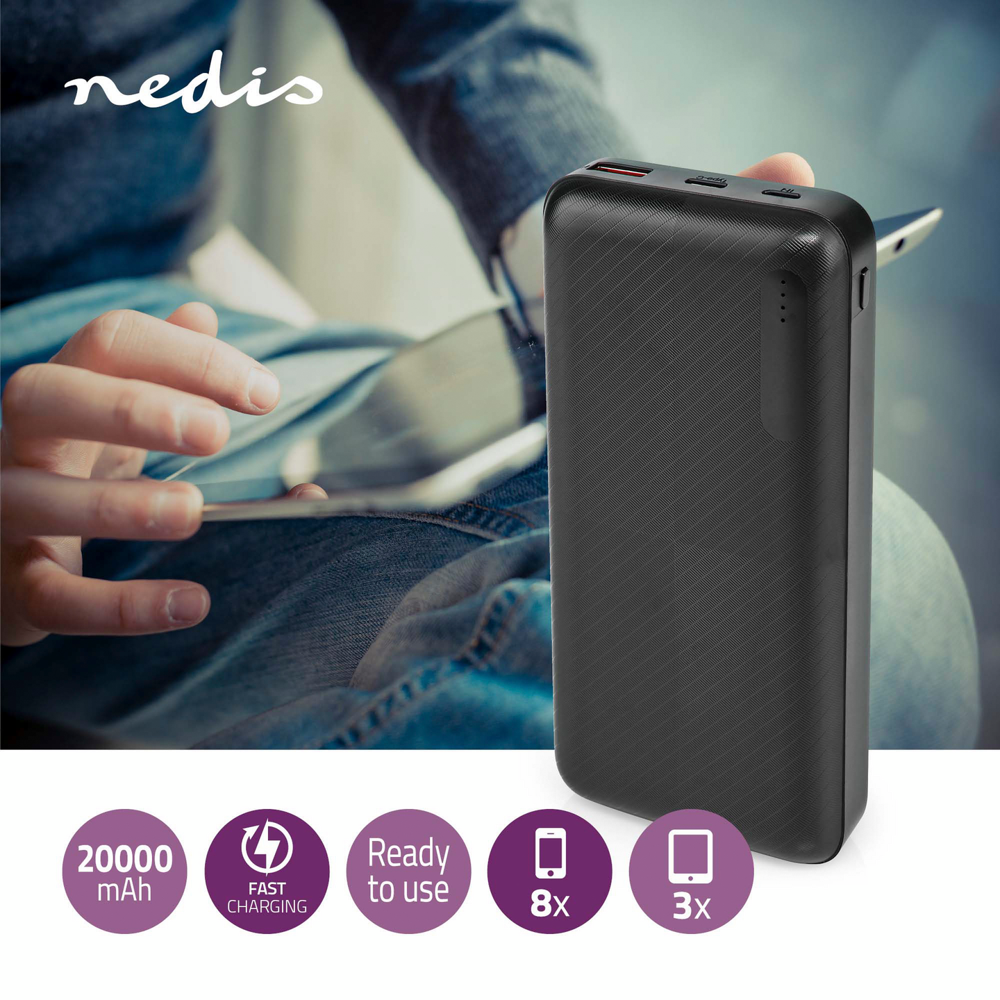 Varavirtalähde NEDIS 20000 mAh 2x 3.0 A Lähtöliitäntä: 1x USB-A 1x USB-C